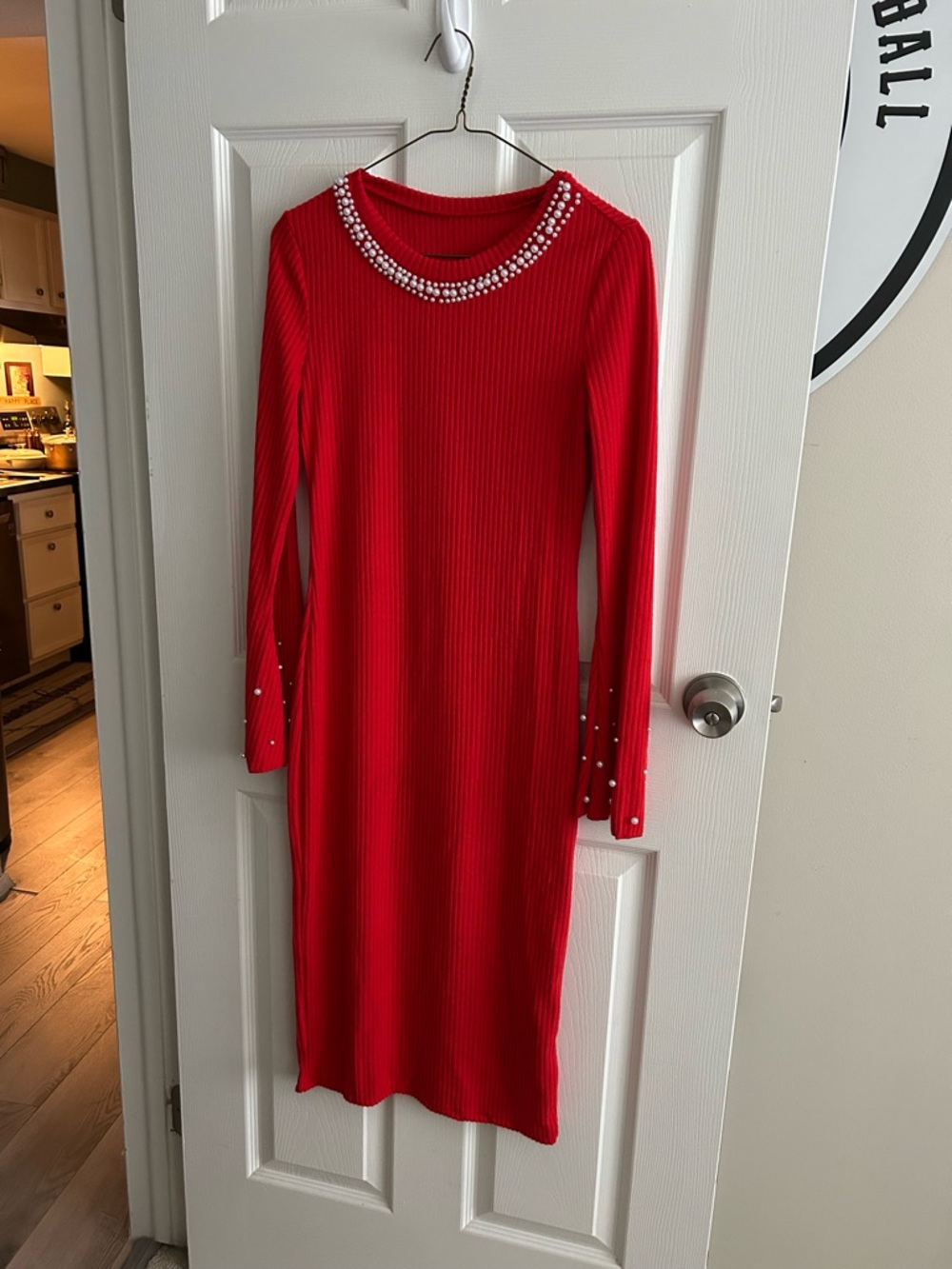 SHEIN Red Ribbed Pearl-Trim Long Sleeve Midi Dress